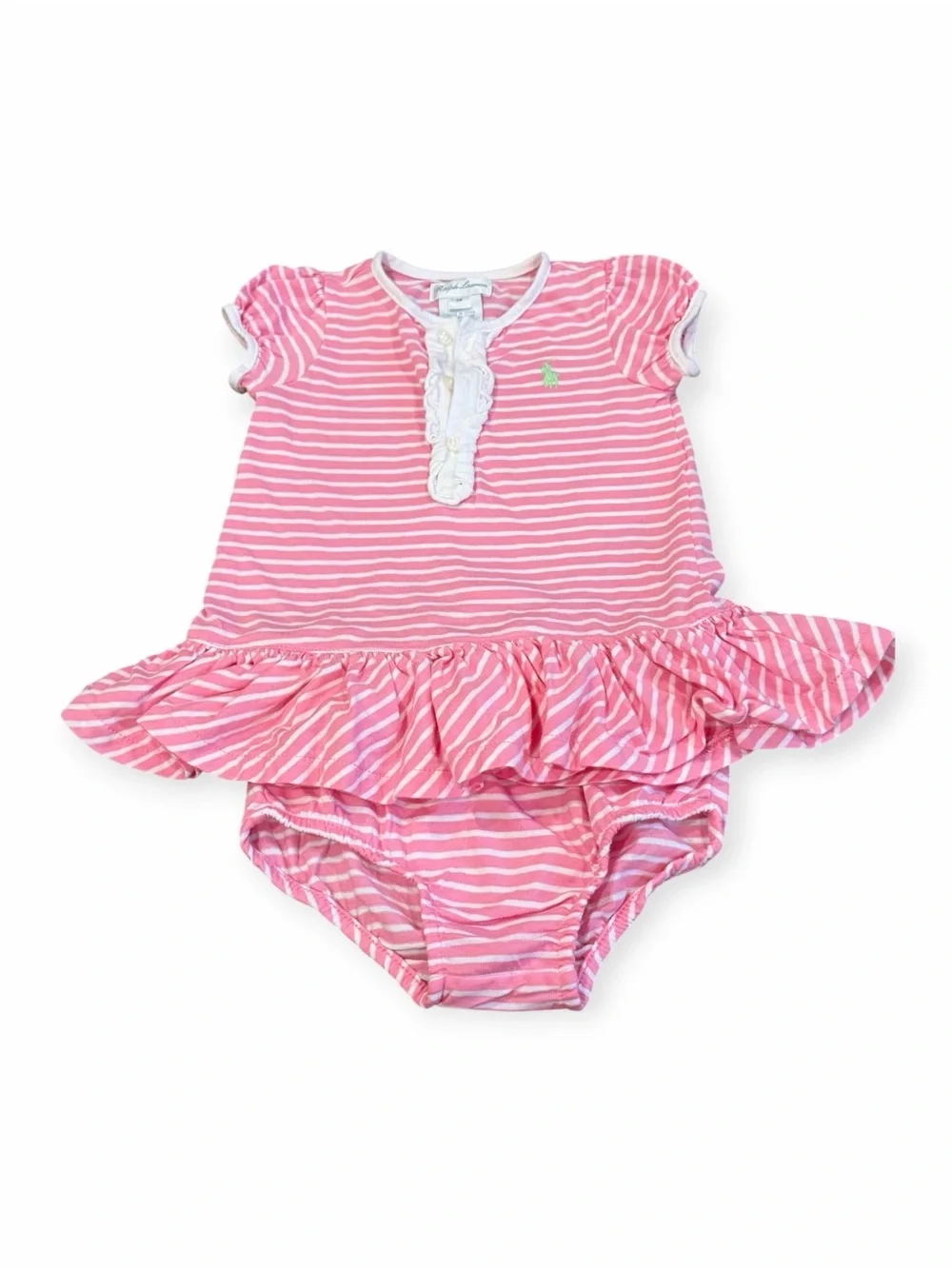 Ralph Lauren, Pink and White Striped Ruffle  Dress with Bloomers, Size 6 mos